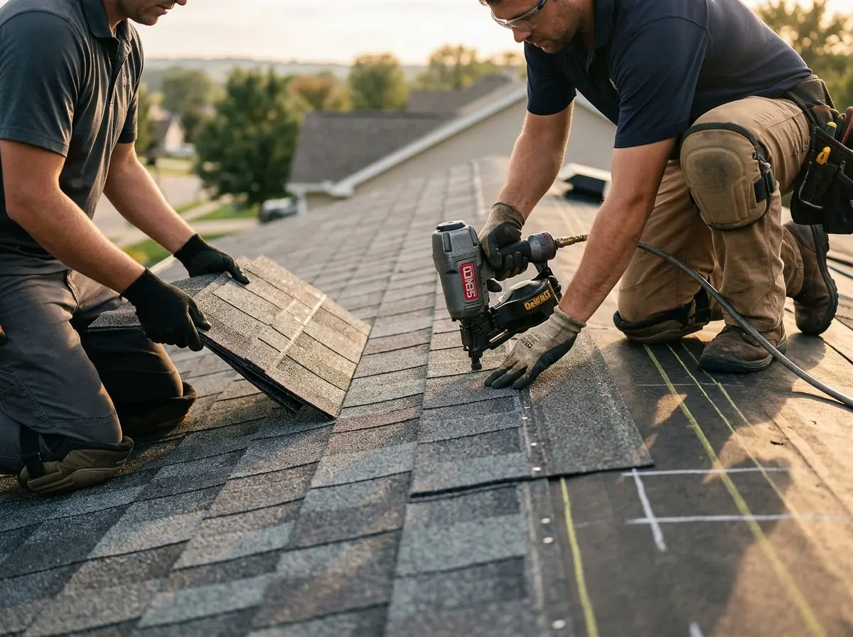 Professional roofer working on a residential roof in Spring Lake Park